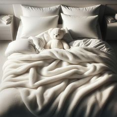 a white teddy bear sitting on top of a bed covered in blankets and pillows,