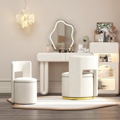 a white vanity with stools and mirror on the wall next to it in a room