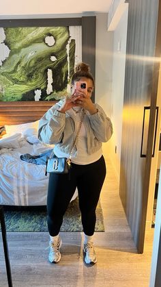 Leggings Outfit With Hoodie, Plus Size Comfy Outfits Leggings, Mom Outfit Black Women, Simple Running Errands Outfit, Summer Leggings Outfits Plus Size, Plus Size Colorado Outfit, Asics Shoes Outfit Black Woman, Sweater With Sneakers Outfit, Styling Sweatsuit Outfits