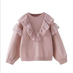 3-4 New With Tags Winter Crew Neck Tops With Ruffles, Winter Tops With Ruffles And Crew Neck, Trendy Pink Sweater With Ruffles, Sweet Cotton Top For Winter, Sweet Cotton Tops For Winter, Cute Long Sleeve Sweater With Ruffles, Sweet Winter Cotton Tops, Cute Winter Tops By Zara, Pink Ruffled Tops By Zara