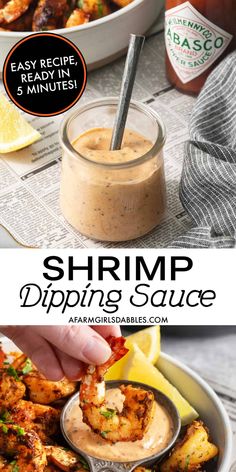 shrimp dipping sauce in a glass jar with lemon wedges on the side and an image of