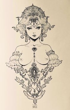 a drawing of a woman with large breast and ornate headdress on her chest