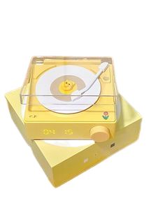 a yellow cd player with a smiley face on it's cover and its lid open