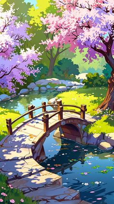 a painting of a small bridge over a stream in the woods with flowers on it