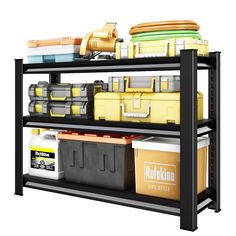 an industrial shelving unit with various storage bins and containers on the bottom shelf