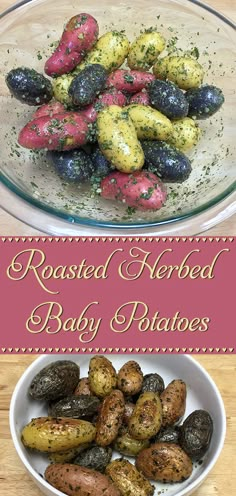 roasted and herbed baby potatoes in a bowl on a wooden table with text overlay