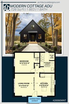 the floor plan for a modern cottage with two bedroom and an attached loft, is shown in