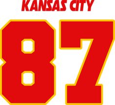 the kansas city football team's name and number are shown in red on white