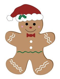 a gingerbread man wearing a santa hat and bow tie