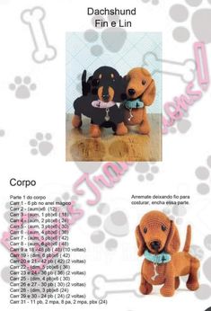 the instructions for crochet dogs are shown in two different styles, including black and brown