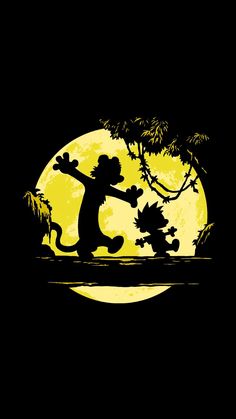 an image of a cartoon character dancing in front of the moon with trees and bushes