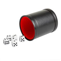 three dices are in front of a black cylinder with red top and two white ones