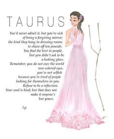 a woman in a pink dress standing next to a tree branch with the words taurus written