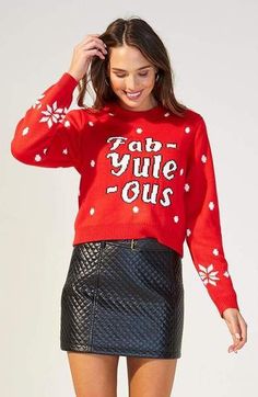 Be fabulous and festive in the Fab-YULE-ous Sweater! This cozy sweater features a fun play on words, festive red color, white diamond pattern throughout, and a snowflake designed near the cuffs. Make a statement at your next holiday party by wearing this sweater with a leather skirt and some thigh high booties, or stay comfy and casual with your favorite pair of leggings.     Fabric:             99.5% Acrylic       0.5% Elastane         Designer InformationFrom laid-back and bohemian to flirty a Play On Words, Fringe Sweater, Next Holiday, Snowflake Designs, Holiday Sweater, Mink Pink, Cozy Sweater, Cozy Sweaters, Yule