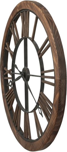 a wooden clock with roman numerals on it