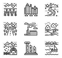 black and white icons depicting different types of city buildings, mountains, trees, and water