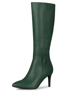 PRICES MAY VARY. Vamp: Faux Leather; Outsole: Rubber; Heel: ABS Pointed Toe, Stiletto Heel, Side Zip Closure, Knee High Boots Our women's stiletto heel knee high boots featuring pointy toe, high heel, finished with cushioned insole, soft faux leather upper and interior lining, and side zipper closure for easy on/off that acts as a great versatile style. Wear these stiletto heels knee high boots with an oversized sweater and a mini skirt for a laidback look. Heel Height: 3 3/8 inches, Shaft Heigh Halloween Costume Boots, Heel Knee High Boots, Closure Design, Green Heels, Womens Stilettos, 3 Inch Heels, High Heels Stilettos, Buy Shoes, Oversized Sweater