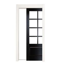 a black and white door is open on a white background with no one in it