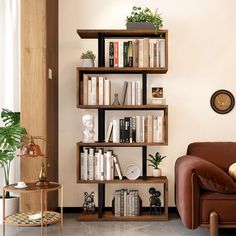 a living room filled with furniture and bookshelves next to a wall mounted clock