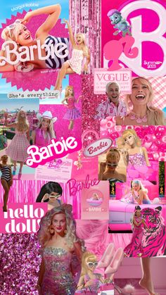 collage of barbie dolls in pink and purple with the word barbie written on it