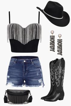 Planning a bachelorette bash in Music City? Here is a fun Nashville-themed outfit idea! Also great for a country music concert or Beyonce! Nashville Outfits Concert, Pop Country Concert Outfit, Country Concert Outfit Leather Shorts, Nashville Denim Theme, Jon Pardi Concert Outfit, Country Theme Party Outfit, Rhinestone Cowgirl, Music-themed Tops For Concerts And Music Festivals, Country Outfits Women Concert