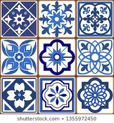 blue and white tile designs in different shapes