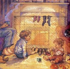 two children are playing with toys in front of a fireplace