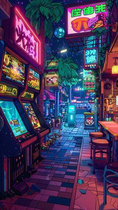 an image of a neon city with slot machines