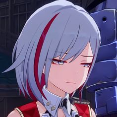 an anime character with grey hair and red eyes looking at the camera while standing in front of a machine