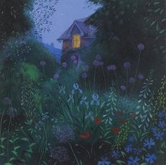 a painting of a house in the middle of a field with flowers and trees around it