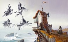 a drawing of a house on top of a cliff by the ocean with lots of chairs flying above it