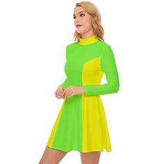 Experience the allure of 60s fashion with our Green Neon Dress, a stunning embodiment of 60s Dress Style and Mod Dress aesthetics. This Green Mod Dress captures the essence of the iconic GOGO Dress, featuring a vivid neon green and neon yellow color block pattern that adds a playful and retro touch. Crafted from high-quality 100% polyester with a luxurious Velour material, this dress ensures comfort and durability, making it a standout piece in any wardrobe.The Turtle Neck Dress design and princ Dress 60s Style, Neon Dress, 60s Fashion Dresses, 60s Mini Dress, Gogo Dress, Neon Dresses, 60s Style, Green Neon, 60s Dress