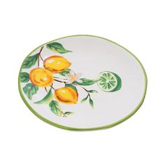 a plate with lemons and leaves painted on it