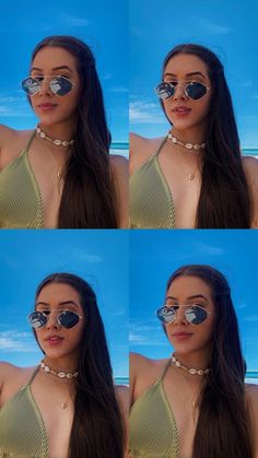 four pictures of a woman with sunglasses on her face and in front of the ocean