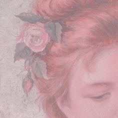 a drawing of a woman with red hair and flowers in her hair, looking down