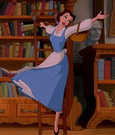 an animated image of a woman holding a basket in front of a bookshelf