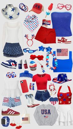 an assortment of patriotic items are arranged in the shape of a collage on a white background