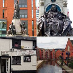 there are two pictures of different buildings and one has a statue in front of it