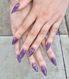 Purple Gel Nails Almond, Almond Acrylic Nails Heart Design, Heart Jelly Nails, Purple Cat Nails, Purple Jelly Nails Acrylic, Purple Nails Jelly, Almond Nails Purple Design, Nail Colors Purple, Jelly Nails Acrylic Almond