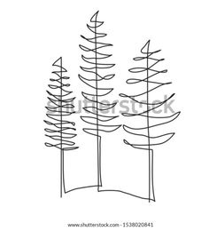 a line drawing of three trees on a hill