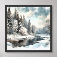 a watercolor painting of snow covered trees and a river in the foreground, framed on a wall