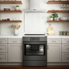 an oven in a kitchen with open shelves