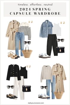 Looking for the perfect spring capsule wardrobe 2023? This timeless, classy, neutral spring capsule has spring outfits for women in their 20s, 30’s, 40s, and over 50! If you are a mom and want casual yet stylish outfits, or are looking to create chic spring outfits for work, you’ll find this capsule guide and checklist super helpful! With a polished French inspired appeal, this capsule is perfect for the spring season! Spring Outfit Capsule, Outfit Capsule, Simple Spring Outfits, Spring Summer Capsule Wardrobe, Neutral T Shirts, Spring Wardrobe Essentials