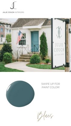 an advertisement for a paint company with the colors blue and white, including green grass