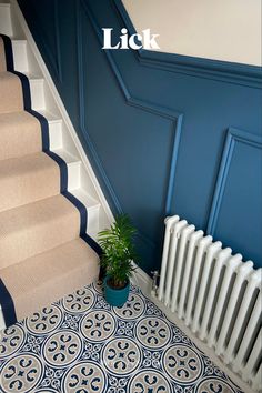 a blue and white stair case next to a potted plant