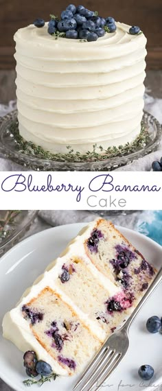 blueberry banana cake with white frosting and fresh blueberries on the top layer