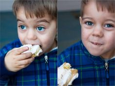 two pictures of a young boy eating something with both hands and looking at the camera