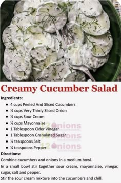 the recipe for creamy cucumber salad is shown