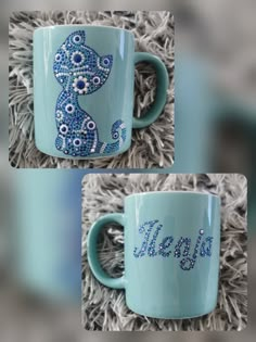 two blue coffee mugs with designs on them