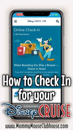 the disney cruise app on an iphone with text reading how to check in for your disney cruise